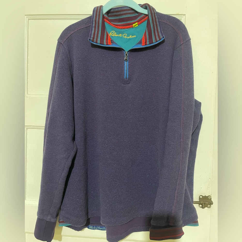 Robert Graham quarter zip sweater. A nice mixture of blue purple and gray. Sz XL